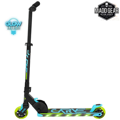 Introducing the Madd Gear MGP Carve Flight Light Up Foldable Scooter in Blue and Lime, featuring a black frame, adjustable handlebars, and vibrant glow-in-the-dark accents. The deck proudly displays the "Carve" branding for extra style.