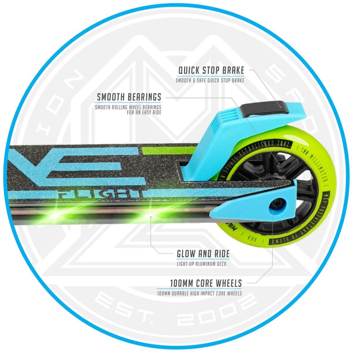 Illustration of the Madd Gear MGP Carve Flight Light Up Foldable Scooter in blue and lime, featuring neon green wheels. Labels highlight its features: quick stop brake, smooth bearings, LED lights on the deck, and durable 100mm wheels. The background includes a circular design with "SCOOTER" text.