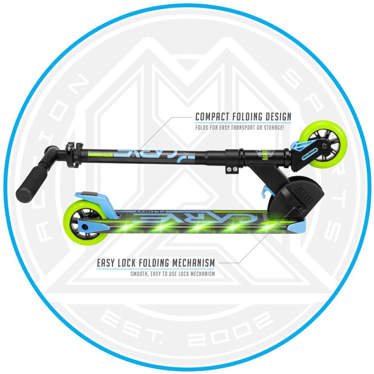 Introducing the Madd Gear MGP Carve Flight Light Up Foldable Scooter - Blue / Lime. This sleek scooter features neon green wheels and a stylish black and blue frame. It showcases key elements such as LED lights, a compact folding design, and an easy lock mechanism, all meticulously crafted for smooth handling and convenient storage.