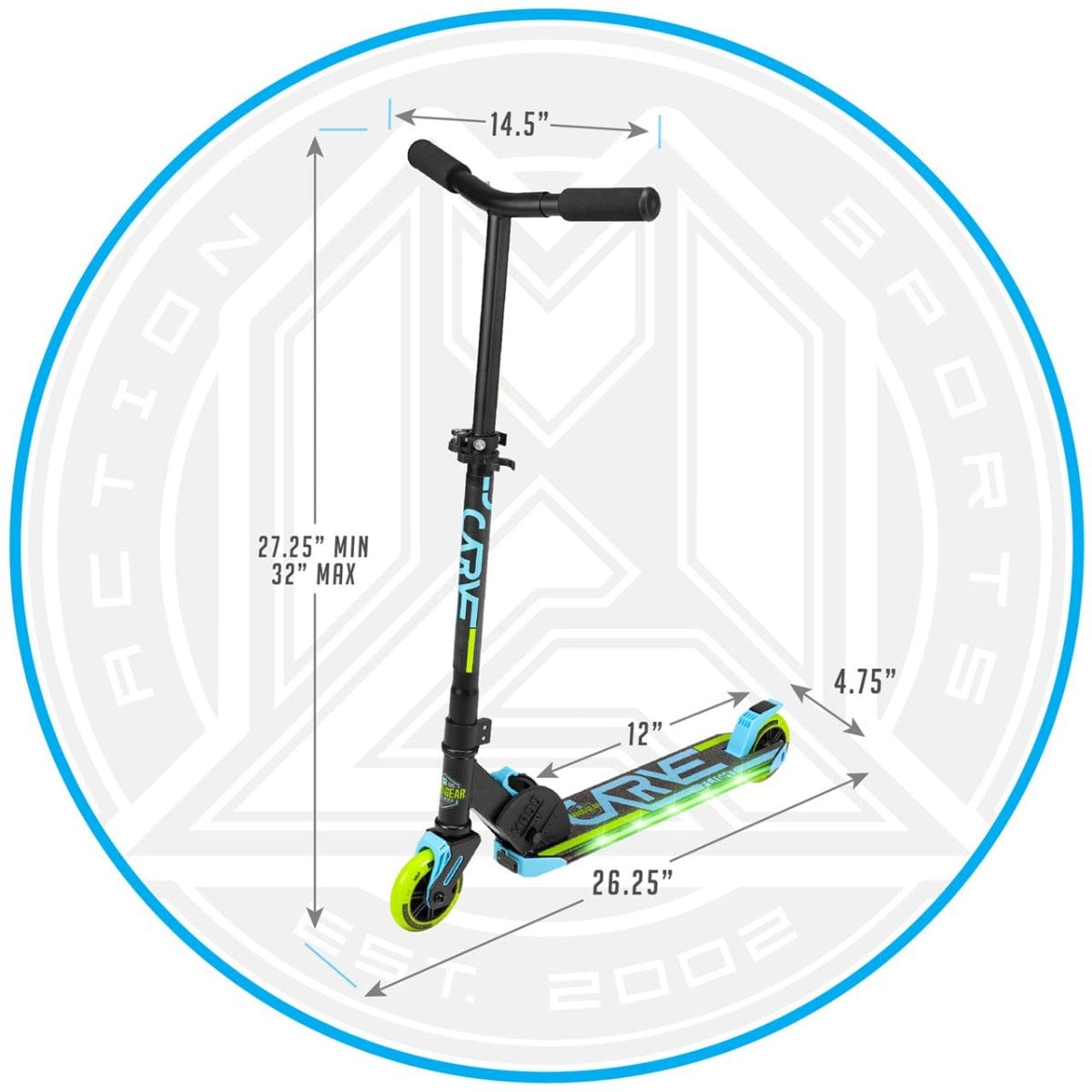 Image of a blue and lime foldable stunt scooter featuring LED lights, with labeled measurements: handle height 27.25" to 32", width 14.5", deck length 26.25", and deck width 4.75". It has lime wheels, the Madd Gear (MGP) brand logo, and a circular background with "Action Sports Est. 2002".