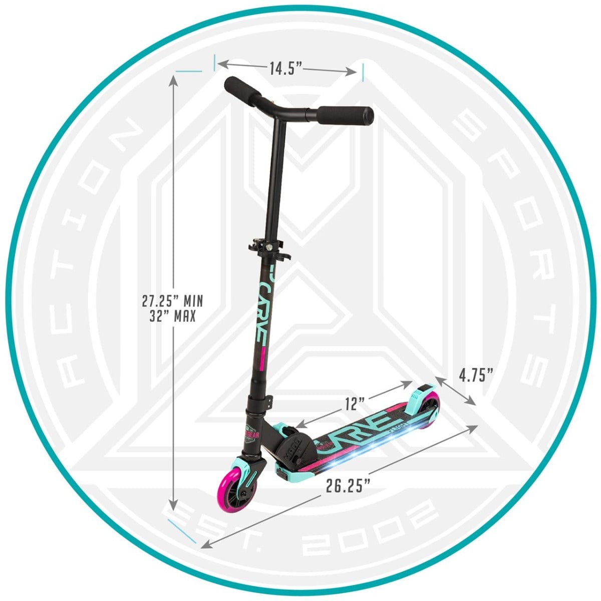 The Madd Gear MGP Carve Flight Light Up Foldable Scooter in Teal and Pink is a stylish option, featuring adjustable handlebars ranging from 27.25" to 32" in height with a width of 14.5". The deck measures 4.75" wide and 26.25" long, offering a usable length of 12". It’s depicted within a circular graphic, combining both aesthetics and functionality for riders.