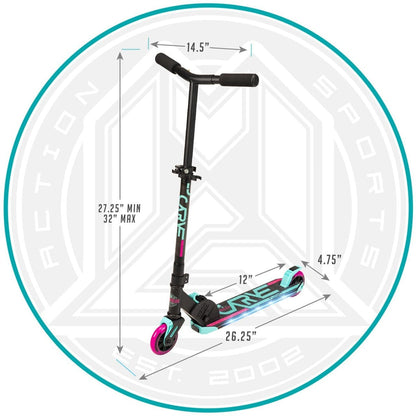 The Madd Gear MGP Carve Flight Light Up Foldable Scooter in Teal and Pink is a stylish option, featuring adjustable handlebars ranging from 27.25" to 32" in height with a width of 14.5". The deck measures 4.75" wide and 26.25" long, offering a usable length of 12". It’s depicted within a circular graphic, combining both aesthetics and functionality for riders.