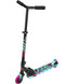 The Madd Gear MGP Carve Flight Light Up Foldable Scooter in teal and pink features reinforced, adjustable handlebars. The deck prominently displays the brand name "Madd Gear (MGP)" in bold letters amidst a vibrant design, while its black and pink wheels add a stylish flair to this dynamic ride.