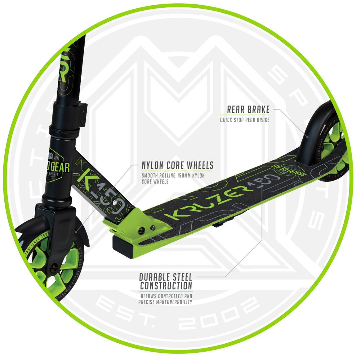 Madd Gear MGP Carve Kruzer 150 Commuter Foldable Scooter - Black / Green - Deck Specs