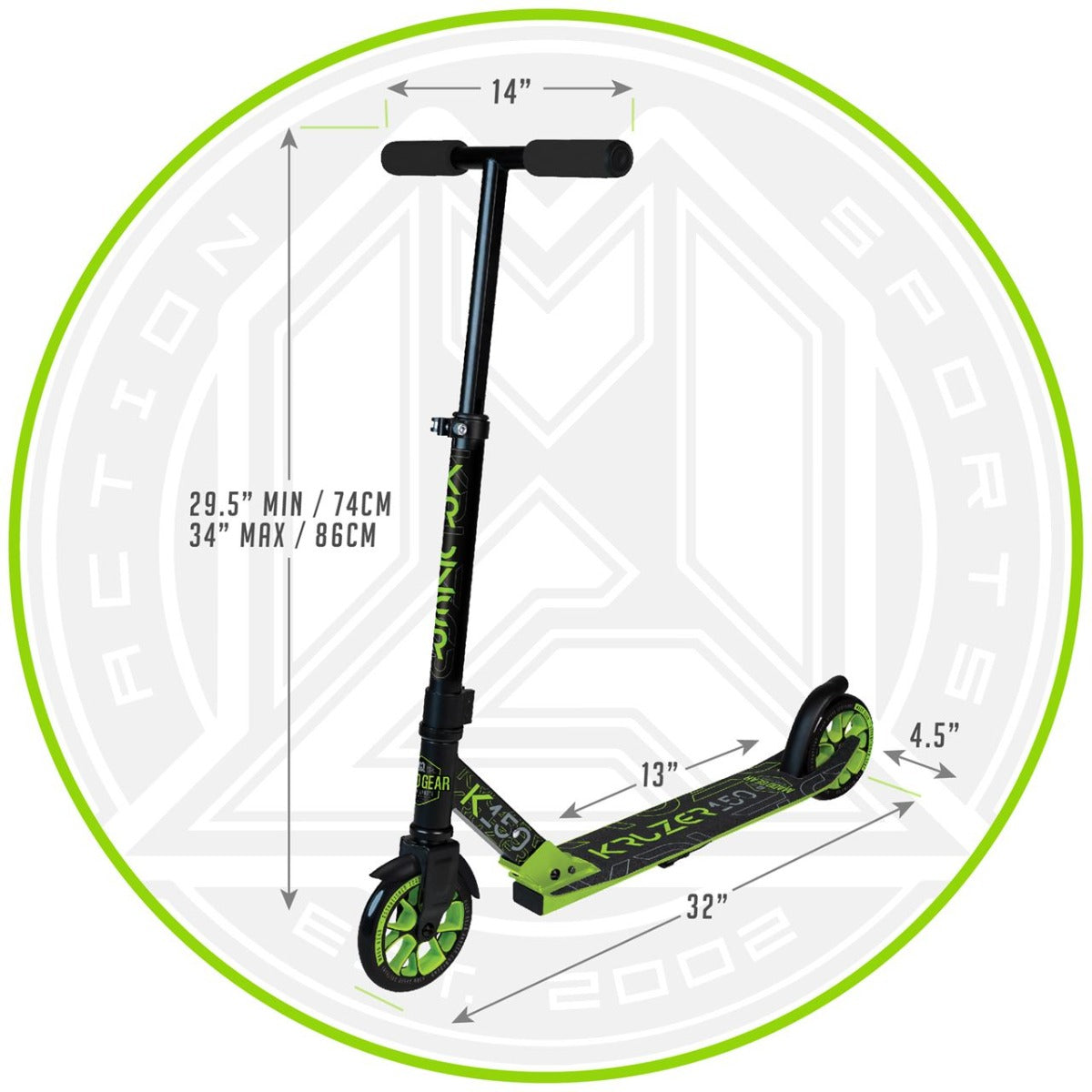 Madd Gear MGP Carve Kruzer 150 Commuter Foldable Scooter - Black / Green - Dimensions