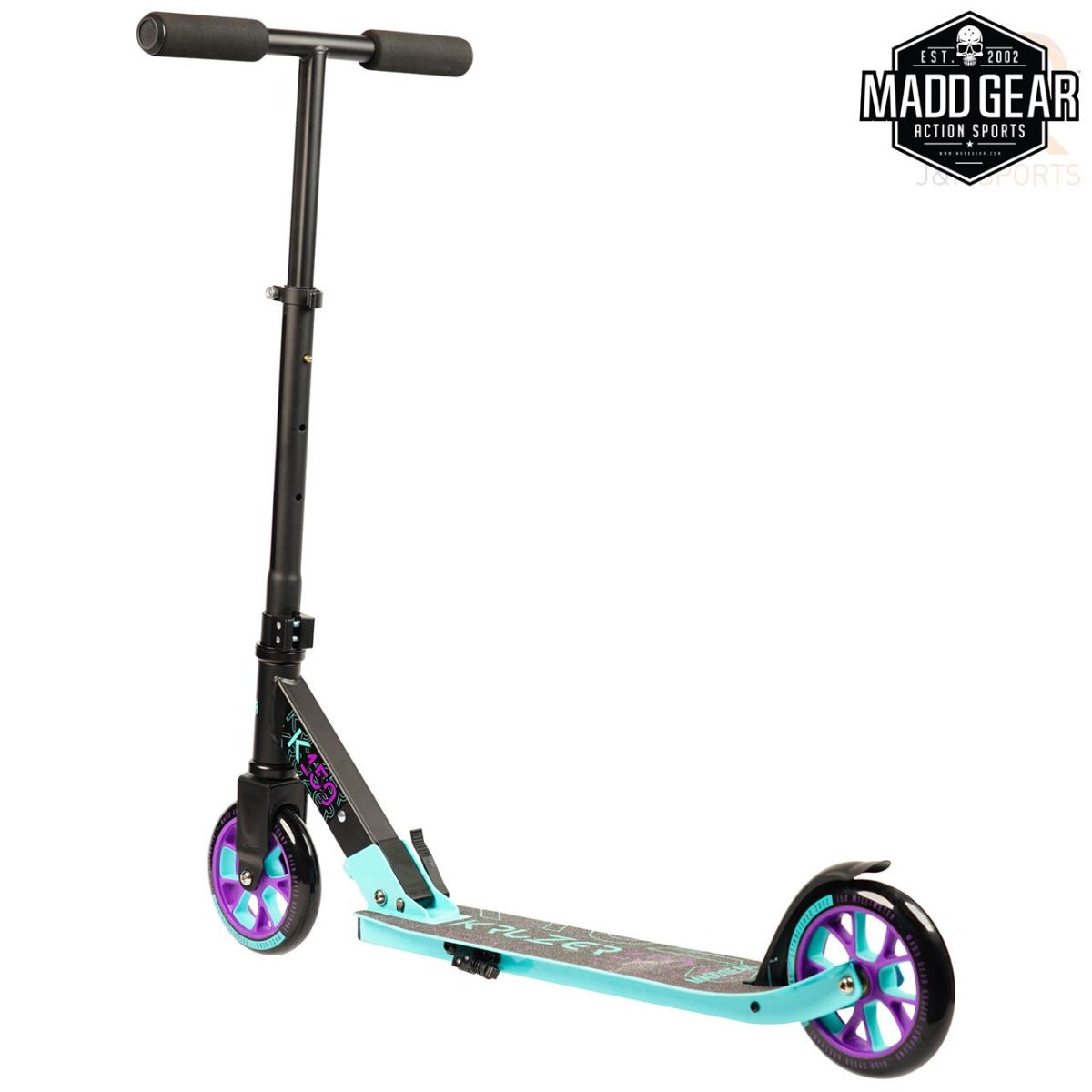 The Madd Gear MGP Carve Kruzer 150 Commuter Foldable Scooter in black and teal showcases vibrant purple 150mm wheels, a T-shaped handlebar, and a stylish deck design adorned with the iconic "Madd Gear Action Sports" logo in the top right corner.