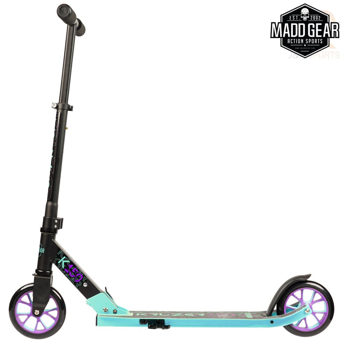 Presenting the Madd Gear MGP Carve Kruzer 150 Commuter Foldable Scooter in a striking black and teal design. Featuring a black handlebar and deck with teal accents, it comes equipped with purple 150mm wheels for an effortless ride, includes a handy kickstand, and showcases the Madd Gear (MGP) logo prominently in the top right corner.