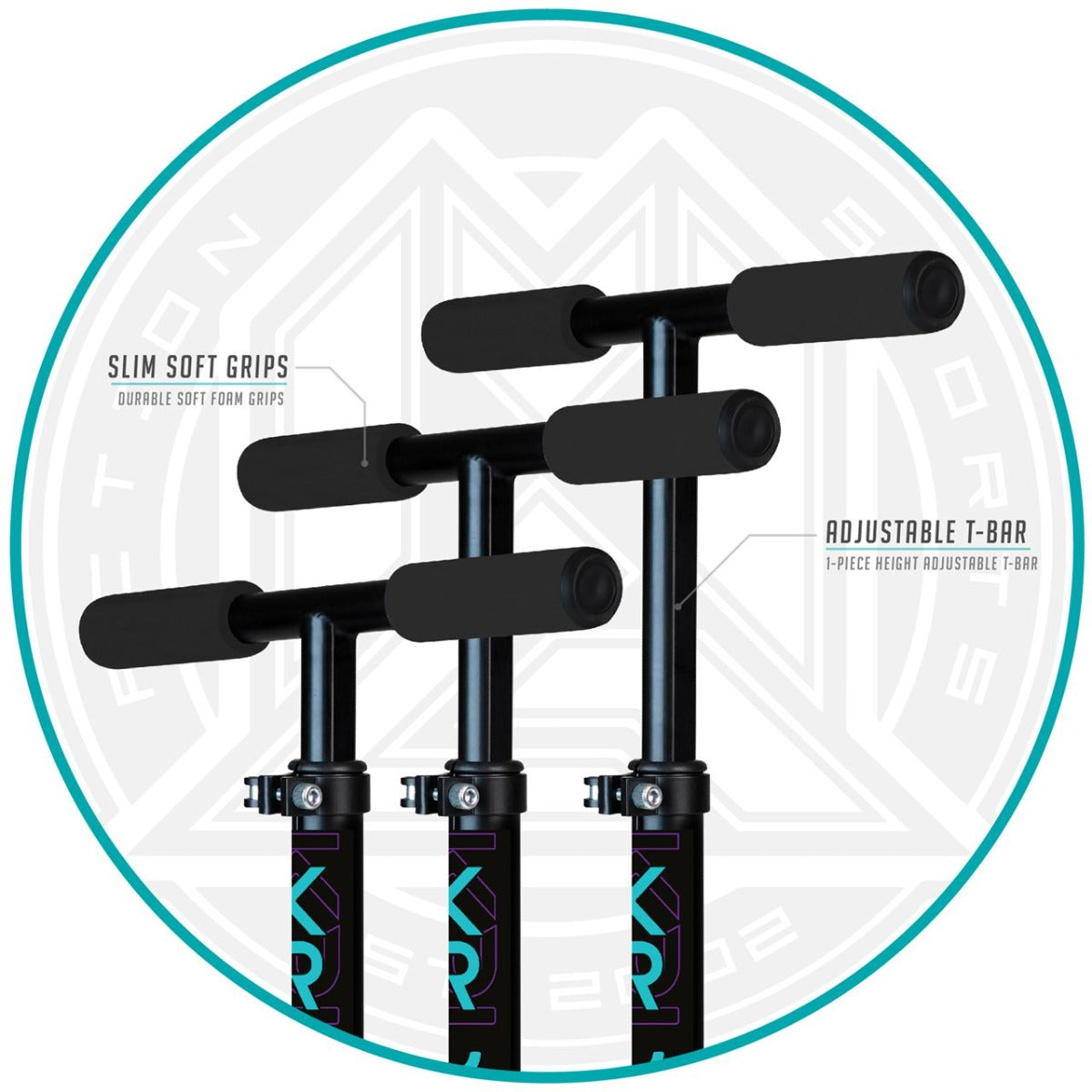 Three handlebars in black with slim soft grips are showcased at varying heights against a white background. The image highlights features like "Slim Soft Grips" and an "Adjustable T-Bar," along with the Madd Gear MGP Carve Kruzer 150 Commuter Foldable Scooter, which boasts a sleek design and smooth ride.