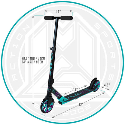 Image of a black and teal Madd Gear MGP Carve Kruzer 150 Commuter Foldable Scooter with neon details, showcasing dimensions for height (29.5"-34"), length (24"), and width (14"). This folding scooter features a sturdy T-bar handle and two large 150mm wheels against a backdrop of faded graphics and branding.