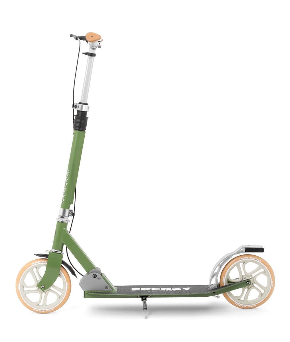 The Frenzy 205mm Dual Brake V4 Foldable Commuter Scooter in green features large wheels, an adjustable handlebar, and a dual rear fender brake. Its deck prominently displays the "Frenzy" brand name, boasting a sleek and modern design ideal for urban travel.