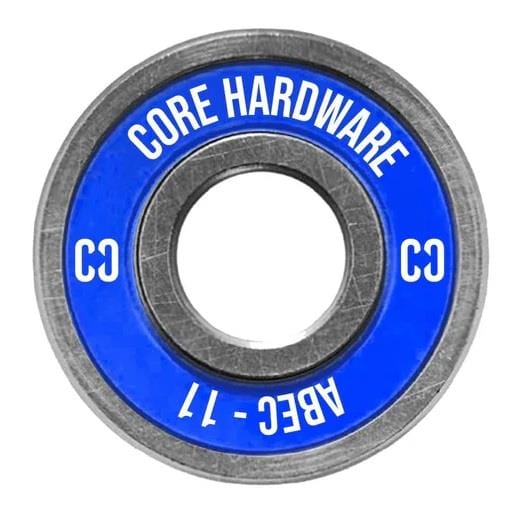 A close-up of a skateboard bearing displaying a blue outer ring showcases the premium quality of the "CORE ABEC 11" bearings. The text "CORE HARDWARE" and "ABEC - 11" appear in white, emphasizing their superior performance. Additionally, the bearing is marked with "C3" on opposite sides, ensuring optimal performance for enthusiasts.