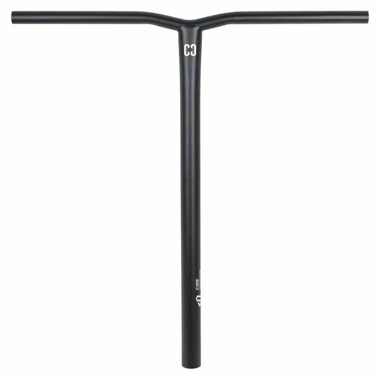 The CORE Apollo Super Steel Oversized SCS Stunt Scooter Bars in black, measuring 580mm by 610mm, feature a minimal T-bar design crafted from Chromoly 4130 steel with a smooth finish. The top bar is horizontal and the central bar is vertical, together forming a sleek T-shape. Small white logos are subtly displayed on these stunt scooter bars, adding to their stylish appearance.