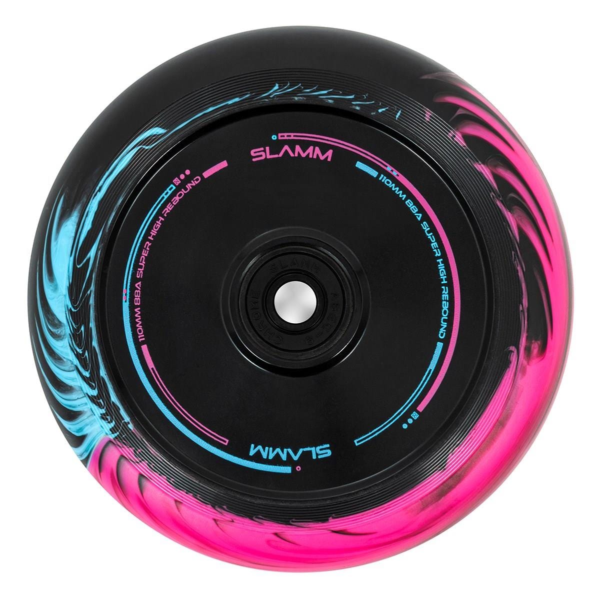 The Slamm Swirl 110mm Stunt Scooter Wheel, in an eye-catching black, blue, and pink color combination, features a vibrant duo-tone swirl effect. The brand "Slamm" is prominently displayed on the wheel, which also includes high-performance ABEC-9 chrome bearings for a smooth ride.