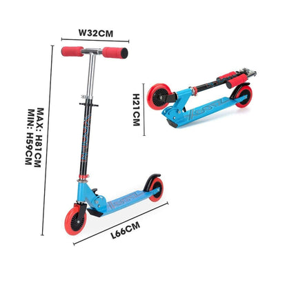 This image features the Xootz Electron Foldable Kids Scooter in blue, boasting a stylish blue and black design complemented by bold red wheels. It has a lightweight frame with adjustable handlebars that can be set between 59cm and 81cm in height, a handlebar width of 32cm, and a deck length of 66cm.