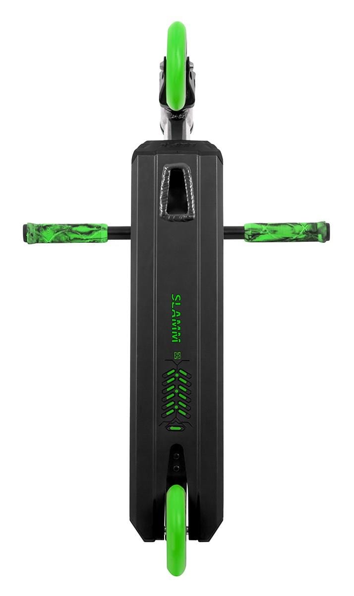 Top view of the Slamm Classic Mini Complete Stunt Scooter - Green, featuring a black deck with the brand name "Slamm," complemented by green wheels and green camouflage-patterned handle grips—an ideal option for beginners in Freestyle Scootering.