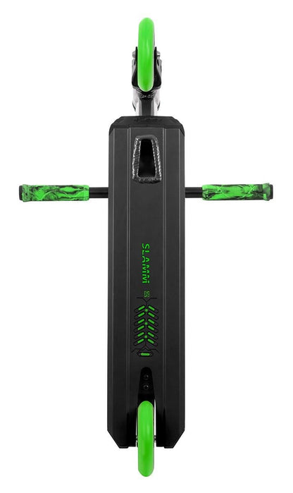 Top view of the Slamm Classic Mini Complete Stunt Scooter - Green, featuring a black deck with the brand name "Slamm," complemented by green wheels and green camouflage-patterned handle grips—an ideal option for beginners in Freestyle Scootering.