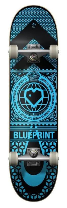 Introducing the Blueprint Home Heart Black/Blue Complete Skateboard, measuring 7.75" x 31.125", this skateboard boasts a striking black and blue geometric design featuring a central circular logo and "BLUEPRINT" branding at the bottom. Ideal for beginners, it comes equipped with light gray wheels and silver trucks to ensure smooth rides.