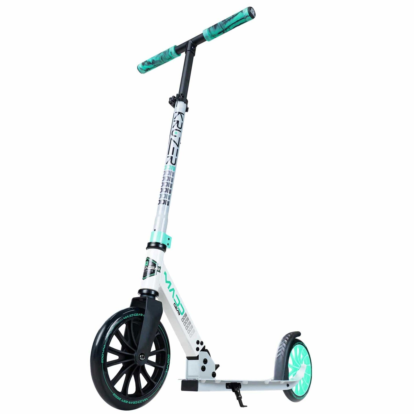 The Madd Gear MGP Carve Kruzer V2-200 Commuter Foldable Scooter in grey and teal is a stylish, compact scooter boasting a robust frame, ideal for commuting. It comes equipped with a large front wheel, smaller rear wheel, patterned handlebar grips, and an easy-to-use kickstand.