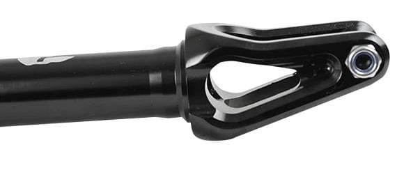 Close-up of a Supremacy Spartan SCS/HIC Stunt Scooter Fork, crafted from high-grade aluminum with a glossy black finish. The sleek, minimalist design features a cut-out section and a bolt at the top-right end.