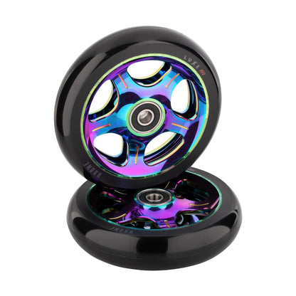 Enhance your ride's style and performance with a pair of Drone Luxe 3 Dual-Core 110mm Stunt Scooter Wheels. These neochrome wheels feature vibrant metallic cores, black outer surfaces, and visible bearings for a sleek design.