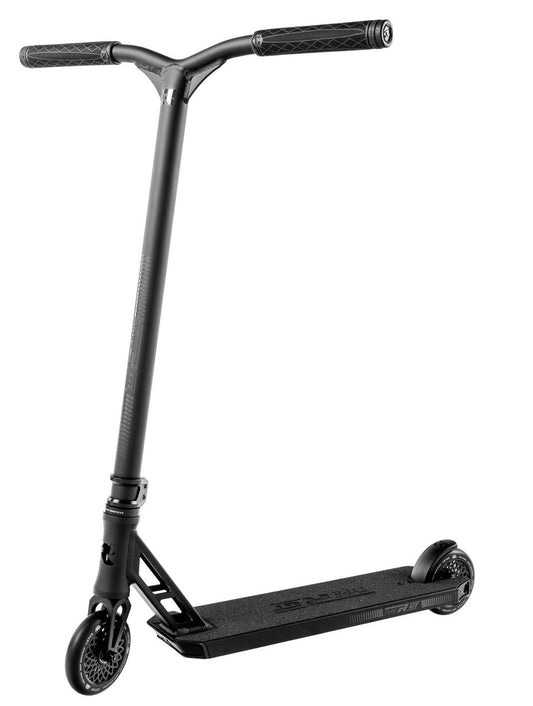 The Root Industries Type R GT Complete Stunt Scooter in black showcases a sleek design and features a high-rise handlebar with textured grips, a flat deck with a non-slip surface, and two small wheels with patterned rims. Renowned as the lightest pro scooter, its minimalist frame is both sturdy and reliable.