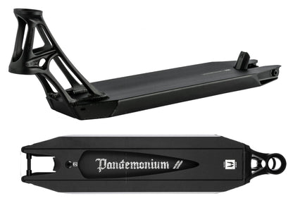 The Ethic DTC Pandemonium V2 Black Stunt Scooter Deck, measuring 5.1" x 19.7", is crafted from 6061-T6 aluminum and features a sleek, angular design with a futuristic neck and headtube. As one of the lightest scooter decks on the market, its underside displays "Pandemonium" in bold, stylized lettering.