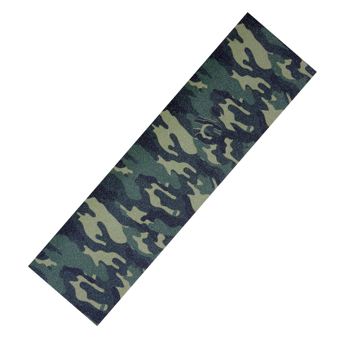 This rectangular piece of Chubby Stunt Scooter Griptape - Camo features a camouflage pattern in shades of green, black, and brown, offering durable grip and a firm hold. Ideal for those looking to emulate the style at the skatepark, inspired by Chubby.