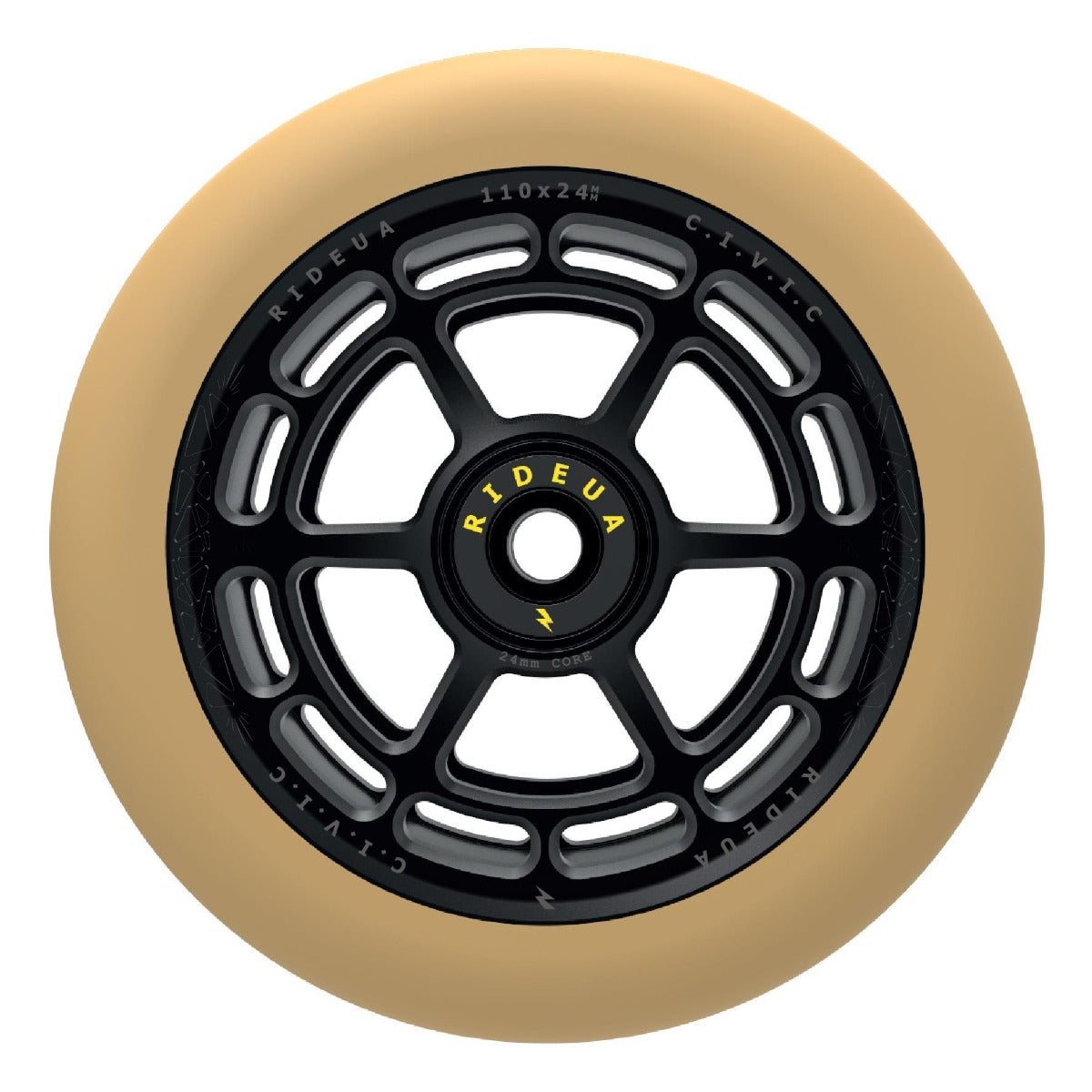 A gum-colored rollerblade wheel with a CNC two-piece hollow core and high-impact UA lateral bearings, featuring "RIDEUA" and "110x24 C.T.V.T.C" in yellow. The UrbanArtt Civic 110mm Stunt Scooter Wheel showcases a symmetrical, open-spoke design in its black core.