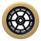 A gum-colored rollerblade wheel with a CNC two-piece hollow core and high-impact UA lateral bearings, featuring "RIDEUA" and "110x24 C.T.V.T.C" in yellow. The UrbanArtt Civic 110mm Stunt Scooter Wheel showcases a symmetrical, open-spoke design in its black core.