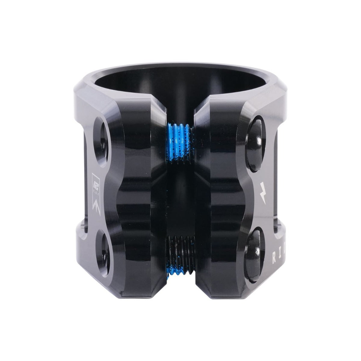 A detailed view of the UrbanArtt Civic 2 Bolt Oversized Stunt Scooter Clamp in black, featuring bold blue threading at its core. This accessory from UrbanArtt showcases multiple bolt holes and a sleek, modern design, making it perfect for securely fastening cylindrical objects to ensure that a scooter rider's gear remains firmly in place.