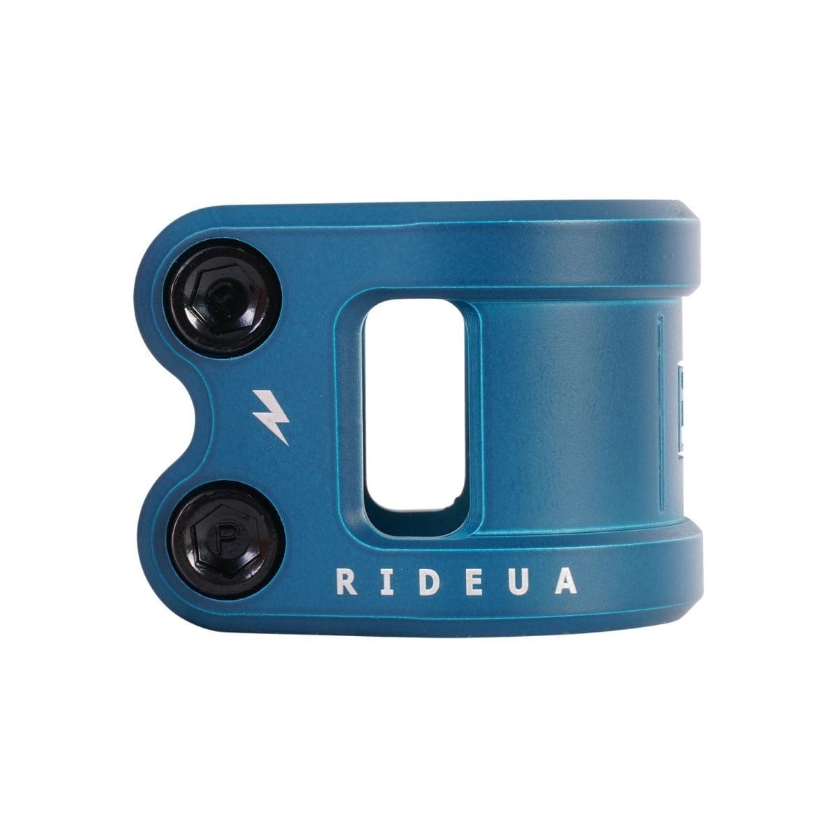 Close-up of an Arctic Blue UrbanArtt Civic 2 Bolt Oversized Stunt Scooter Clamp, crafted from lightweight aluminum. The clamp features two bolts on one side, with the word "RIDEUA" and a small lightning bolt design near the bolts for a sleek appearance.