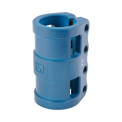 A blue cylindrical item made from 6061-T6 aluminum, showcasing multiple openings and slots with a smooth finish and a discreet engraved logo, evokes the technical or mechanical design of the UrbanArtt Civic 4 Bolt SCS Stunt Scooter Clamp in Arctic Blue, popular among scooter enthusiasts.