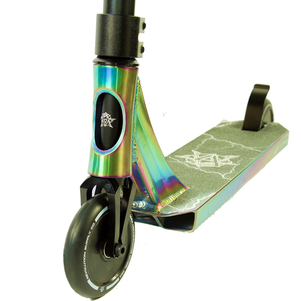 Close-up of the Revolution Storm Complete Stunt Scooter by Revolution, showcasing a vibrant neochrome deck and sleek black hollow core wheels. The deck is adorned with geometric grip tape, while the scooter offers a sturdy build and modern aesthetic.