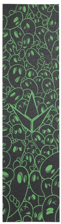 A design featuring numerous green cartoon alien faces with various expressions on a black background is showcased on the Blunt Envy Colt Stunt Scooter Griptape - Green. It prominently features a stylized leaf-like symbol in the center, making it an ideal choice for customizing your stunt scooter or adding unique flair to your Blunt Envy Colt.