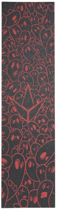 The Blunt Envy Colt Stunt Scooter Griptape in red features an intricate pattern of stylized ghost-like faces on a black background, reminiscent of skateboard grip tape designs. This dense and abstract motif creates a visually striking effect, perfect for individuals customizing their scooters with unique flair.