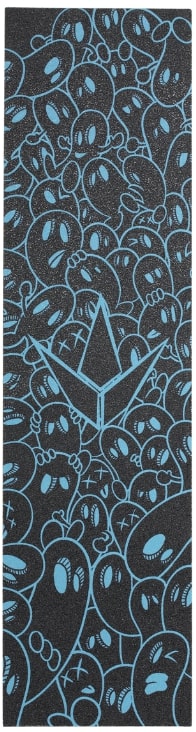 A skate deck griptape featuring a collection of playful blue cartoon faces, some with X-shaped eyes, and centered with a distinctive blue angular emblem resembling an abstract arrowhead, echoing the unique style of Blunt Envy.