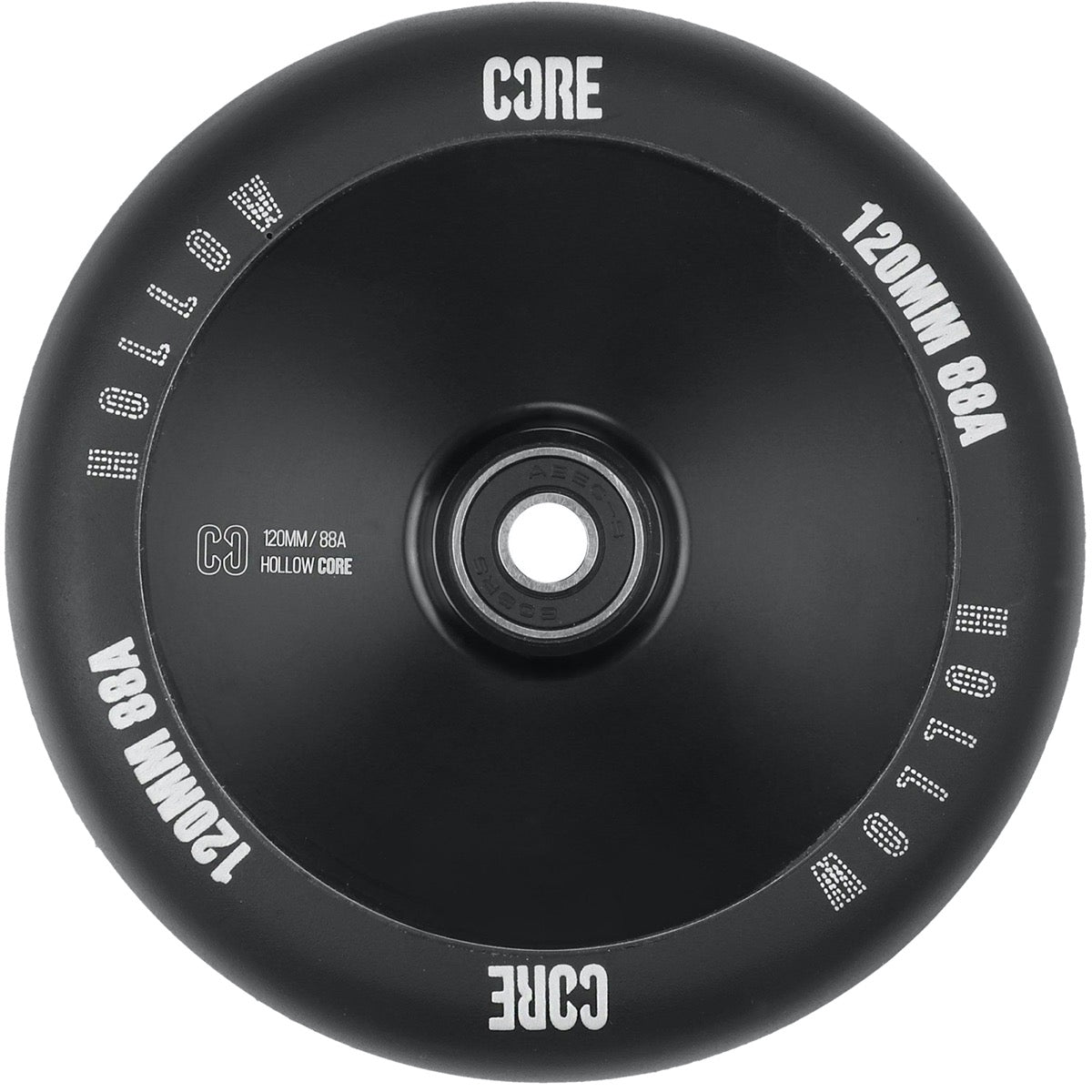 Introducing the CORE Hollow Core V2 120mm Stunt Scooter Wheel in Black. This black rubber wheel prominently features the "Core" and "Hollow" text in crisp white, measures 120mm with a hardness of 88A, includes ABEC-9 bearings, and highlights its "Hollow Core" design at the center for a smooth and reliable ride.