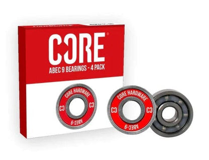 A set of CORE ABEC 9 scooter bearings, containing four pieces, is displayed. The packaging is red and white with two bearings showcased outside. The bearings are marked with "CORE HARDWARE ABEC-9" in red and silver, ideal for enhancing your ride's performance.