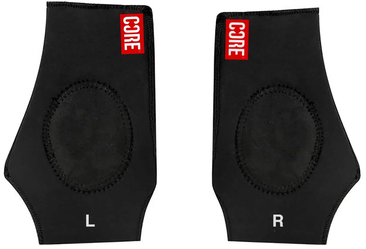 The CORE Ankle Skate Protection Sleeve - Black comes in a pair, featuring "CORE" branding at the top in red. Designed for extreme sports, these supports have shock-absorbing gel for cushioning every step. The left sleeve is marked with "L" and the right with "R," ensuring a precise fit and comfort.