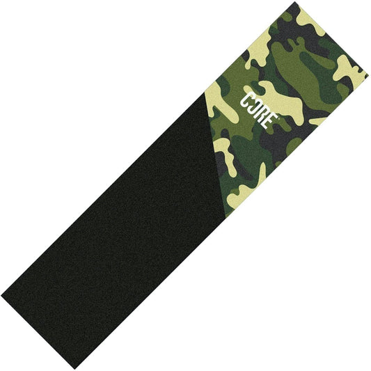 Introducing the CORE Split Stunt Scooter Griptape - Camo, showcasing a sleek two-tone design. It features a camo pattern at one end and the word "CORE" boldly displayed, predominantly in solid black—ideal for those who love customising their gear.