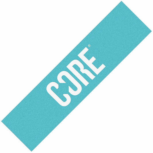 A teal rectangular piece of griptape, branded with "CORE Classic" in bold white letters, is shown diagonally across the image, evoking the precision of customizing a scooter with style.