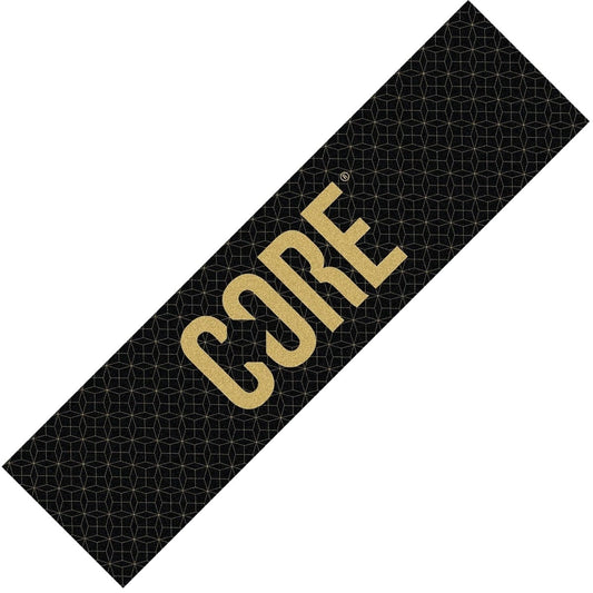 A black rectangular box adorned with a gold geometric pattern and boldly featuring the word "CORE" in gold letters across the center, capturing the sleek and modern design of the CORE Classic Stunt Scooter Griptape - Grid Gold. An ideal option for customizing your scooter.