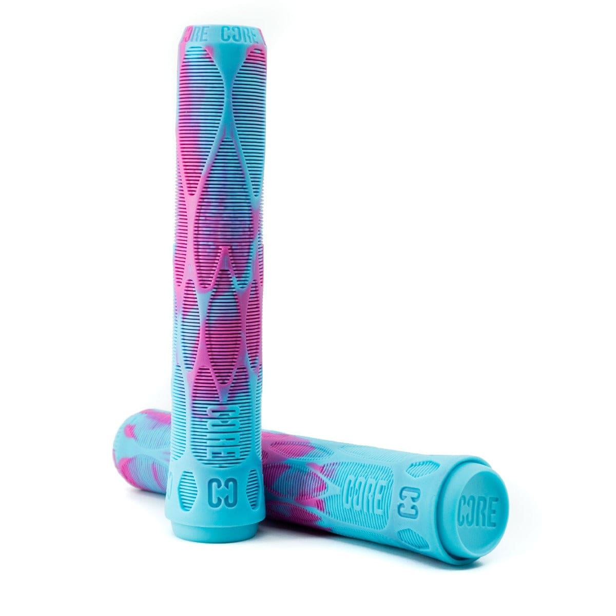 Displayed are two vibrant handlebar grips from CORE, featuring a stunning pink and blue gradient with a geometric pattern. Crafted from a shock-absorbing compound for optimal impact protection, one grip stands upright while the other lies horizontally, showcasing the word "CORE." These CORE Pro Refresher Blue / Pink Stunt Scooter Grips measure 170mm and are perfect for stunt scooter enthusiasts.