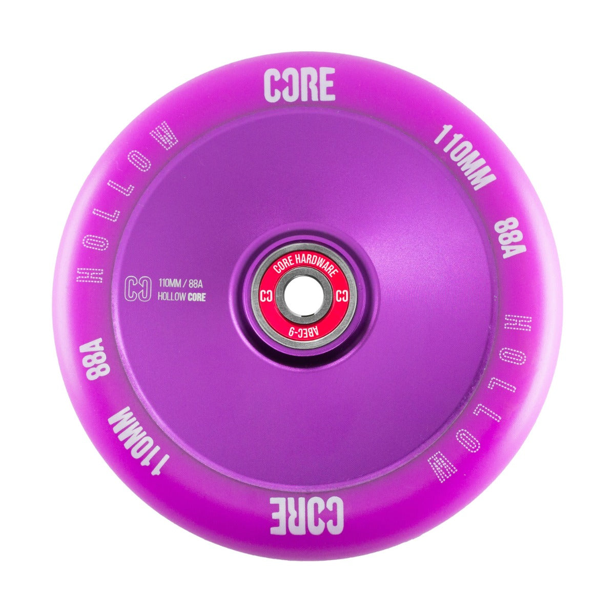 Introducing the CORE Hollow Core V2 110mm Stunt Scooter Wheel in Purple, this vibrant wheel showcases a sleek hollow core design with the engraved text "CORE," "HOLLOW," "110MM," and "88A." Its central bearing is adorned with striking red color and white text, engineered to ABEC-9 standards for ultimate performance.