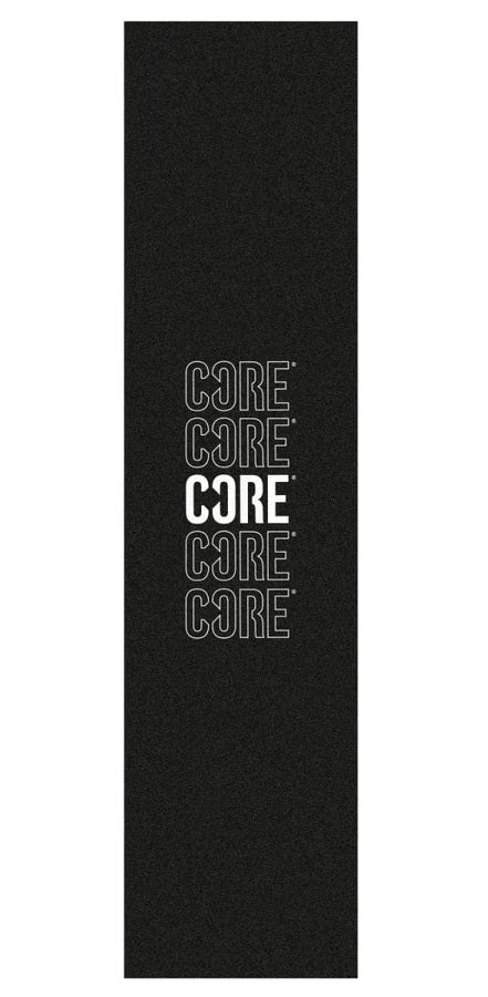 On a black backdrop, the text "CORE" is displayed five times vertically in bold white capital letters with differing thickness and transparency, reminiscent of visually striking graphics akin to those on the CORE Stunt Scooter Griptape - Echo.