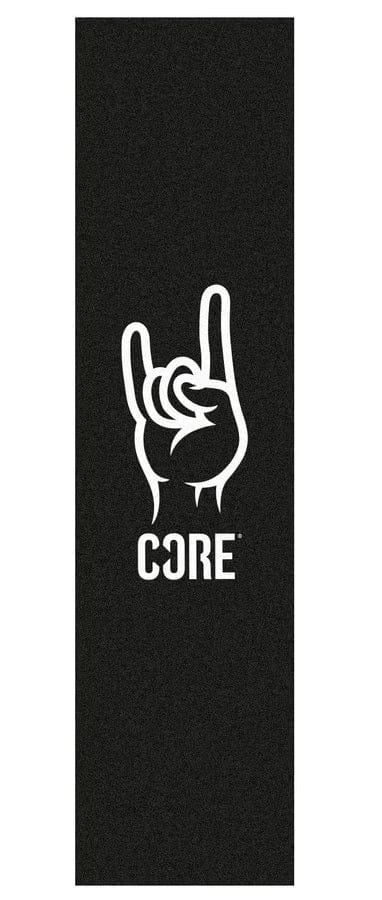 The CORE Stunt Scooter Griptape - Rock Hand features a black background with a white hand making the rock and roll gesture, accompanied by the word "CORE" underneath, perfectly capturing the edgy aesthetic typical of scooter griptape designs.