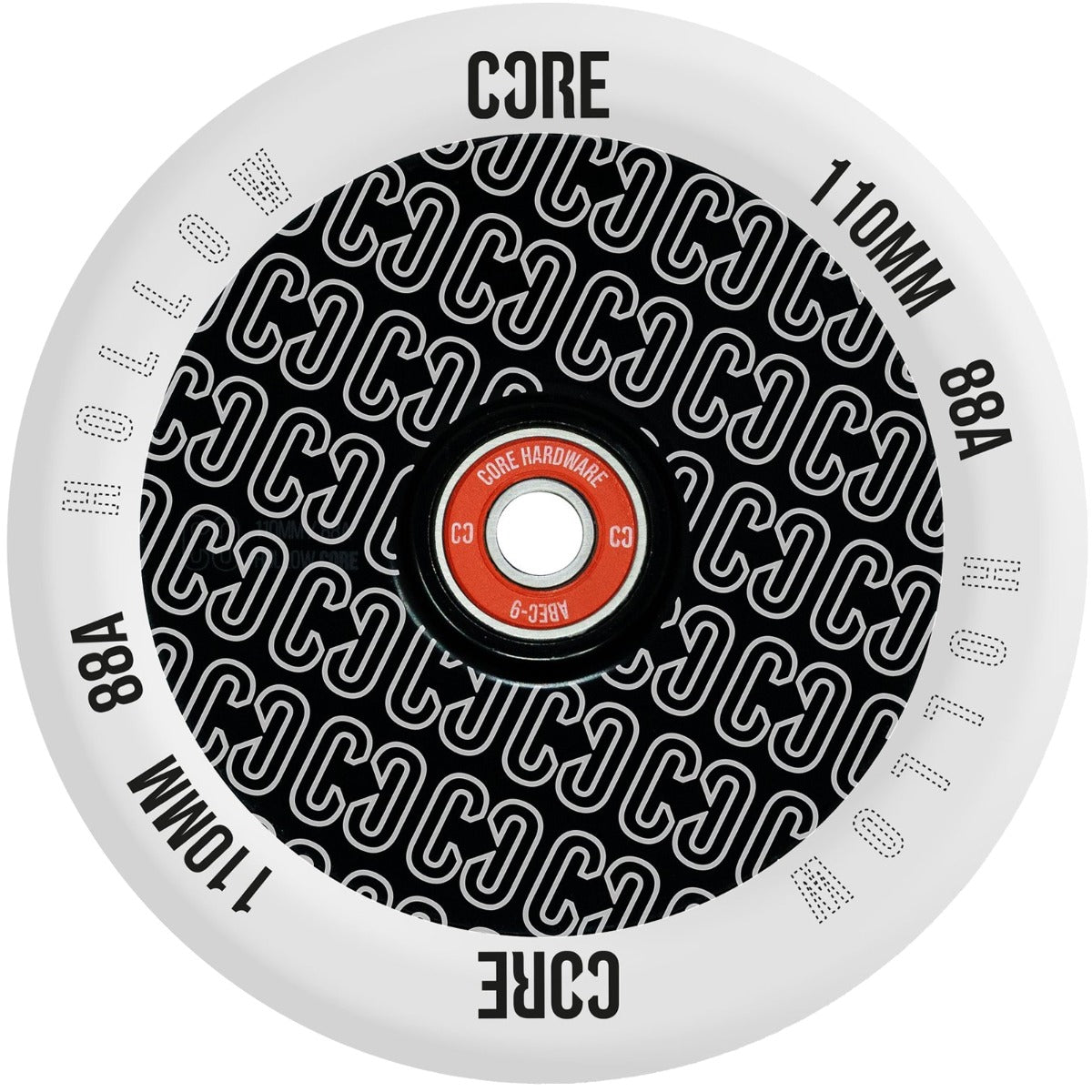 Image of the CORE Hollow Core V2 110mm Stunt Scooter Wheel - Repeat Clear / Black featuring a white wheel with a black core adorned with a repeating "C" pattern and the specifications "110mm, 88A". The wheel is equipped with ABEC-9 bearings for smooth performance.