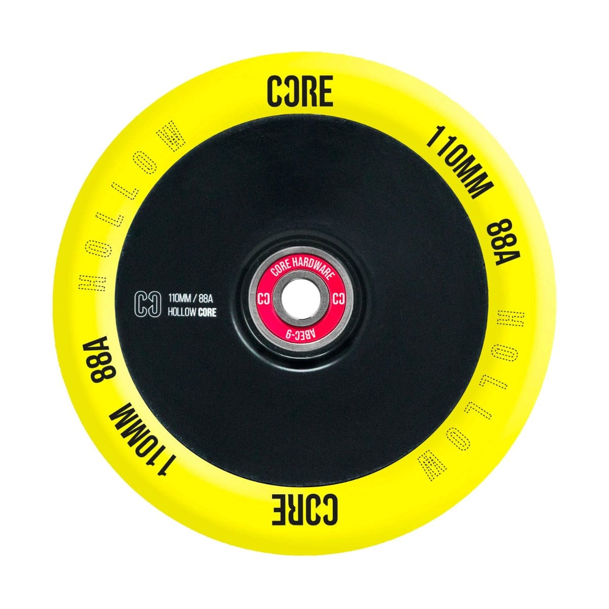 The CORE Hollow Core V2 110mm Stunt Scooter Wheel in yellow and black showcases the "Core Hollow" design and is fitted with ABEC-9 bearings. This wheel has a diameter of 110mm and boasts an 88A hardness rating, making it perfect for stunt scooters.