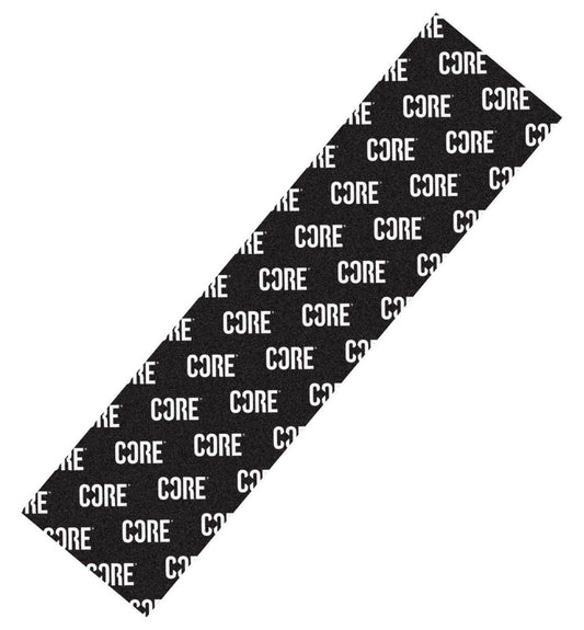 The CORE Classic Stunt Scooter Griptape in Logo Repeat Black features a long, rectangular strip with the words "CORE" and "RIDE CORE" printed in white text, creating a striking pattern ideal for customizing your stunt scooter.