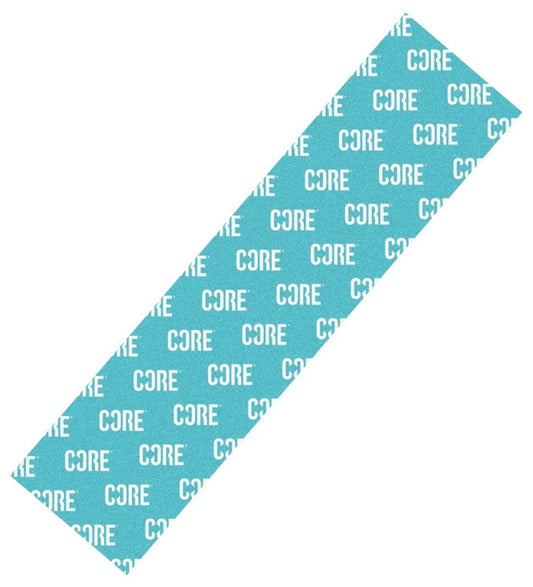 Introducing the CORE Classic Stunt Scooter Griptape in a striking teal shade, featuring the "CORE" logo printed repeatedly in white. This griptape offers a sleek design perfect for personalizing your Stunt Scooter with the distinctive style of CORE Classic Griptapes.